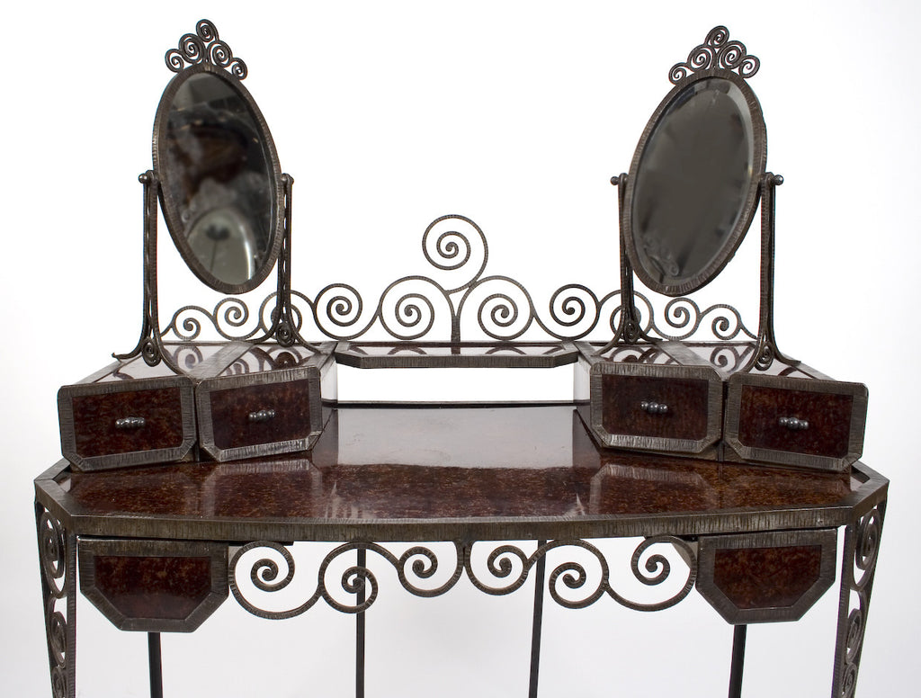 <b> WROUGHT IRON VANITY WITH PAIR OF MIRRORS IN THE STYLE OF LOUIS KATONA</b><br> CIRCA 1920'S</br>