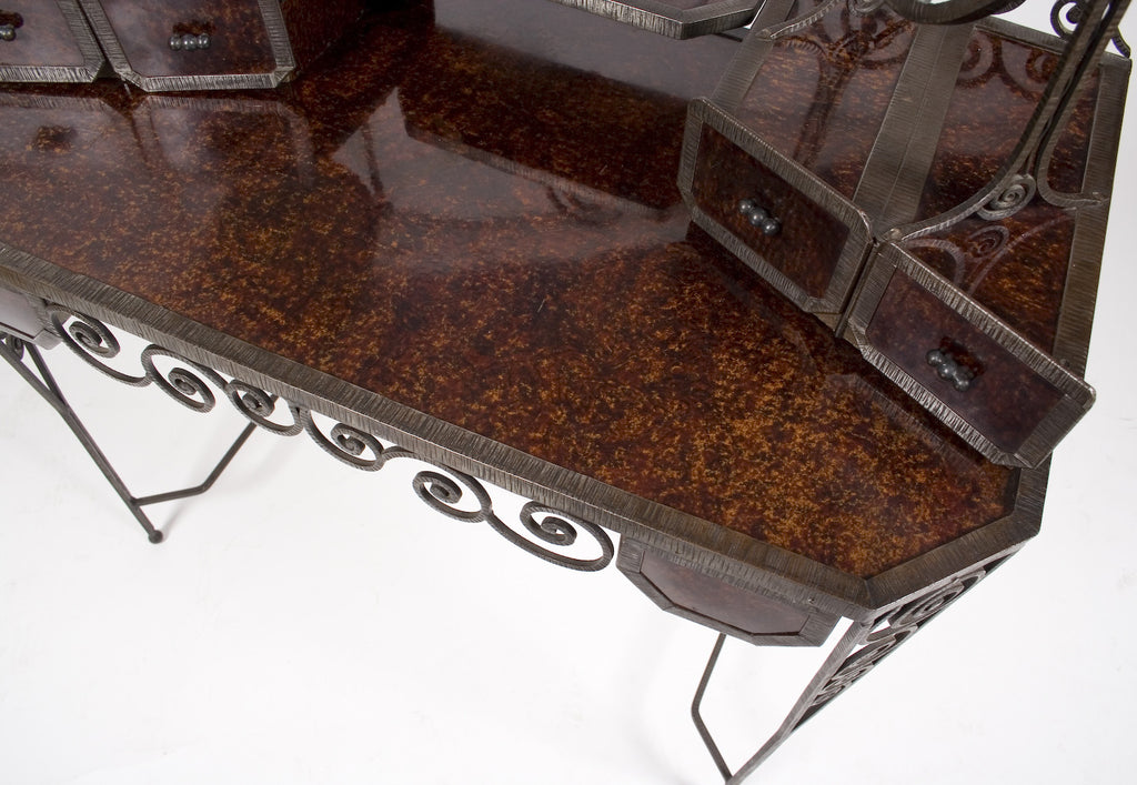 <b> WROUGHT IRON VANITY WITH PAIR OF MIRRORS IN THE STYLE OF LOUIS KATONA</b><br> CIRCA 1920'S</br>